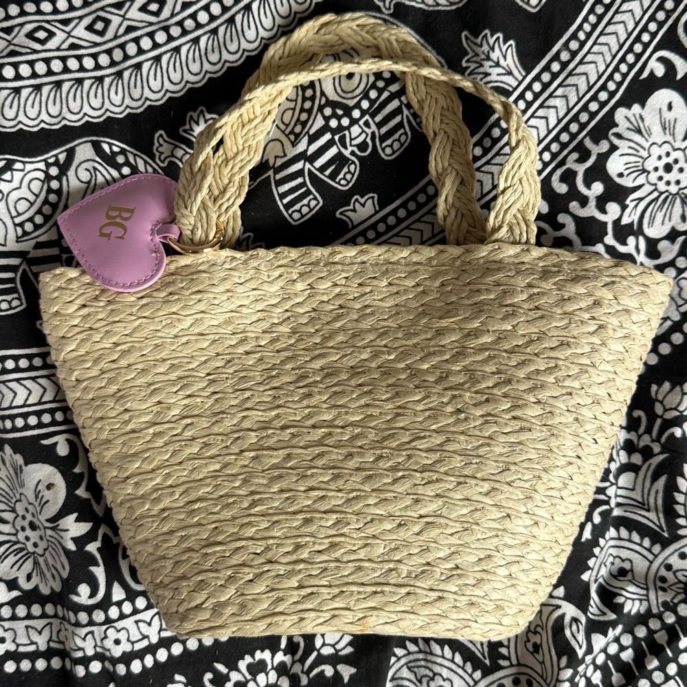 Brand New Bergdorf Goodman Mini Straw Tote Bag with Pink Heart Tag BG Monogram